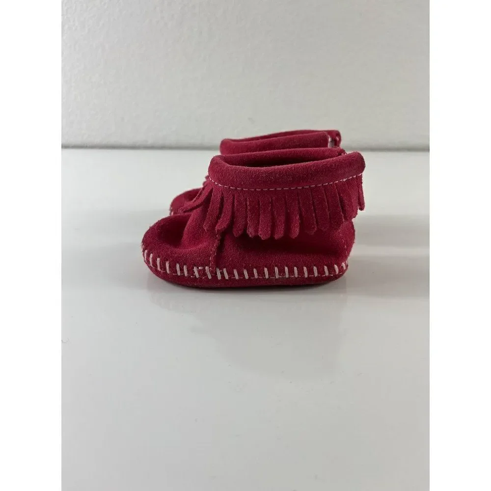 Minnetonka Infant Back Flap Suede Fringe Bootie Moccasins Baby Size 1 Red Pink